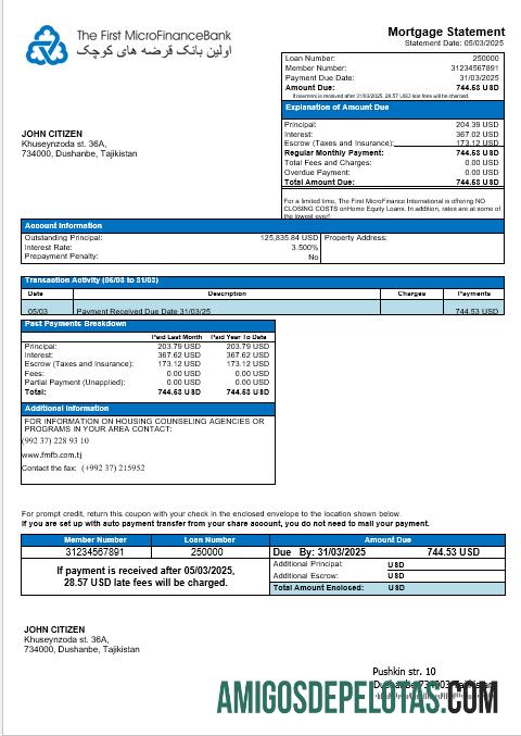Tajiquistão, a primeira declaração de hipoteca de microfinanças (FMFB) em formatos Word e PDF exemplo